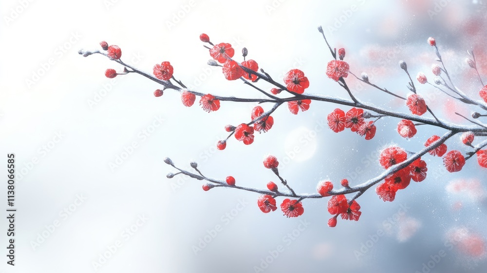 Delicate blossom twigs adorned with vibrant buds against a soft snowy background creating a serene winter atmosphere Delicate blossom twigs adorned with vibrant buds against a soft snowy background creating a serene winter atmosphere