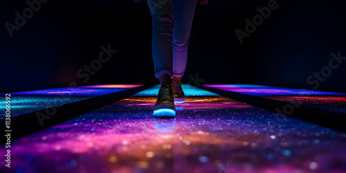 Low section of visitor walking on illuminated interactive floor projection mapping installation art, creating immersive and futuristic experience photo