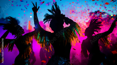 Silhouetted brazilian dancers performing under confetti rain at a carnival night party with colorful lights photo