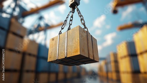 Crane lifting cargo container in the shipping yard with a blurry background of stacked boxes photo