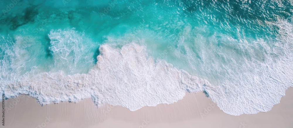 Aerial view of tranquil beach with turquoise ocean waves gently lapping against the white sandy shore capturing the essence of summer serenity Aerial view of tranquil beach with turquoise ocean waves gently lapping against the white sandy shore capturing the essence of summer serenity