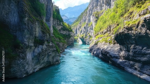 Stunning panoramic view of a serene gorge with turquoise water surrounded by majestic cliffs and lush greenery