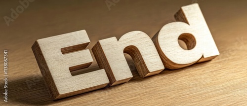 Wooden letters spelling out the word End on a smooth surface, symbolizing conclusion and closure in a stylish way. photo