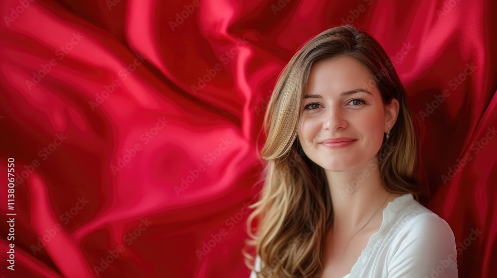 Naklejka premium Elegant woman with radiant smile posing against luxurious red silk fabric backdrop, perfect for wedding and love-themed compositions.