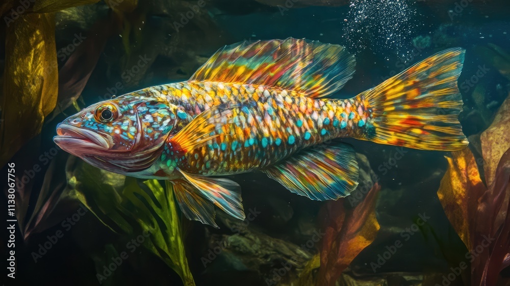 Obraz premium Vibrant underwater fish swimming among kelp in a diverse marine ecosystem showcasing rich colors and textures in its natural habitat