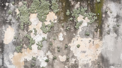 Textured wall background with green mold growth and peeling paint for use in design and restoration projects photo