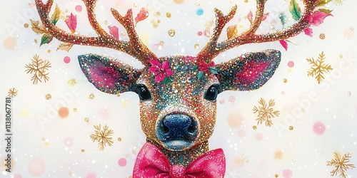 Colorful glitter reindeer decorated with flowers and festive elements in a winter wonderland setting