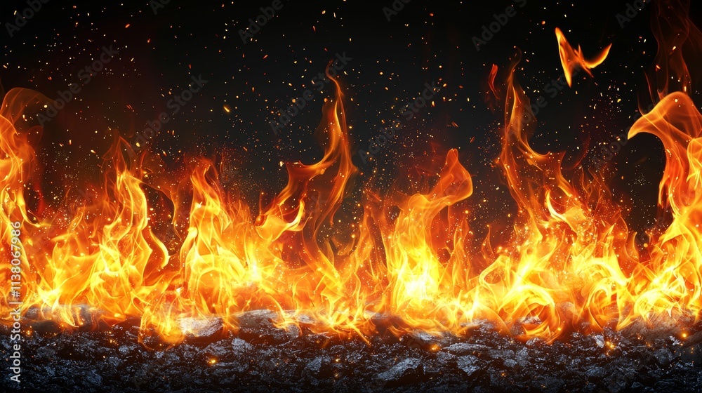Flames and smoke against a black backdrop, with an overlay effect resembling a grill, bonfire, or coal burner. A modern, realistic illustration. Flames and smoke against a black backdrop, with an overlay effect resembling a grill, bonfire, or coal burner. A modern, realistic illustration.