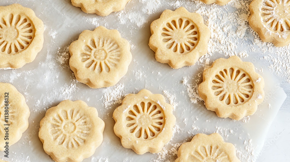 Round cookie dough cutouts with a flower design on a floured surface. Round cookie dough cutouts with a flower design on a floured surface.