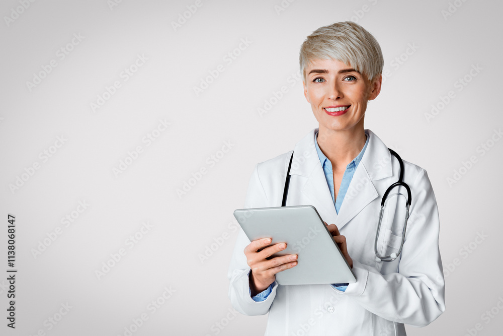 Woman doctor fills out medical history and writes out prescription on tablet, isolated on light background, studio shot Woman doctor fills out medical history and writes out prescription on tablet, isolated on light background, studio shot
