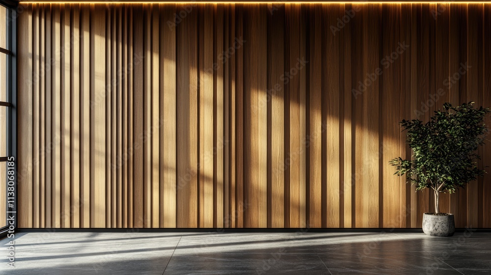 Modern wooden wall with vertical slats and natural light casting shadows in a minimalist interior space with a potted plant in the corner. Modern wooden wall with vertical slats and natural light casting shadows in a minimalist interior space with a potted plant in the corner.