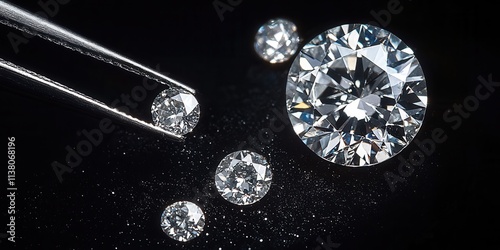 Sparkling diamonds displayed with tweezers and scattered on a dark surface showcasing their brilliance and clarity under focused lighting conditions