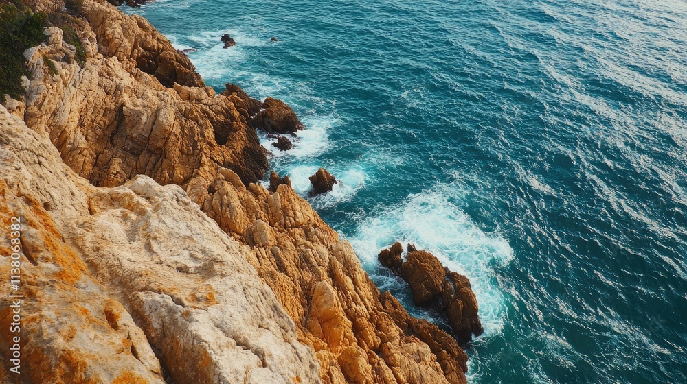 Scenic view of rugged Algarve coastline with crashing waves and rocky formations near a historic fortress. Scenic view of rugged Algarve coastline with crashing waves and rocky formations near a historic fortress.