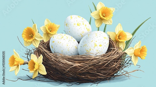 White and yellow Easter eggs nestled in a bird's nest with daffodils for a bright and festive holiday card design