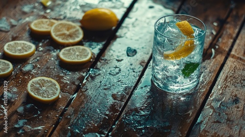 refreshing cocktail with lemon and ice on a wooden table surrounded by fresh lemon slices and melting ice in natural light photo