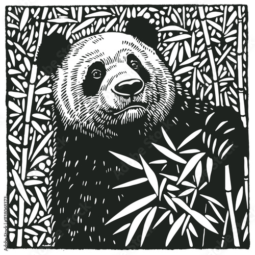 Panda in bamboo thickets, engraving style, vector illustration.