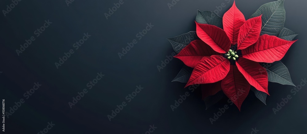 Obraz premium Vibrant red poinsettia flower against a dark background symbolizing Christmas and holiday cheer perfect for festive decorations and cards