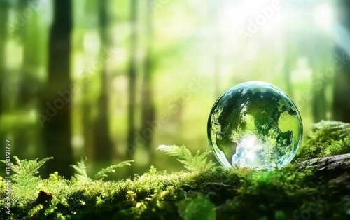 A crystal-clear globe on moss, symbolizing environmental preservation in a lush forest setting, illuminated by soft sunlight. photo