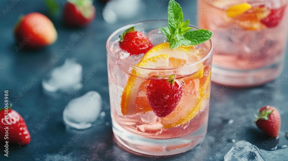 Refreshing summer cocktail with strawberries and mint garnished in a glass on a dark background with ice cubes and extra fruit.