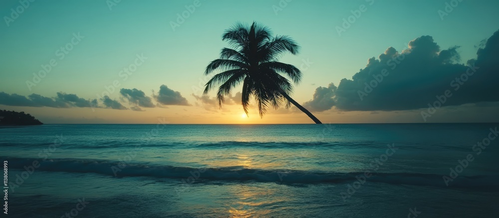 serene seascape at dawn with silhouette of coconut palm against vibrant sky and tranquil ocean waves reflecting soft sunlight serene seascape at dawn with silhouette of coconut palm against vibrant sky and tranquil ocean waves reflecting soft sunlight