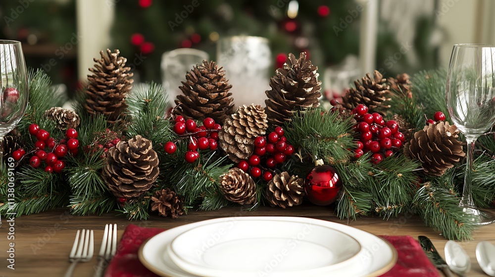 Christmas Decorations With Pinecones And Red Berries On Table Christmas Decorations With Pinecones And Red Berries On Table