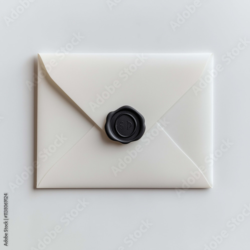 Elegant white envelope with black wax seal, perfect for invitations or special messages. crisp edges and smooth surface enhance its sophisticated appearance