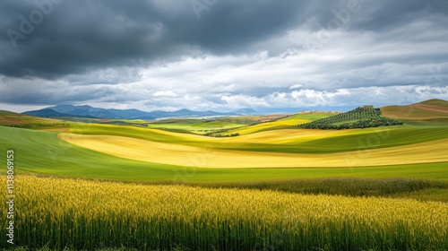 Lush agricultural landscape with vibrant ripe wheat fields under a dramatic cloudy sky showcasing the beauty of rural farming scenery photo