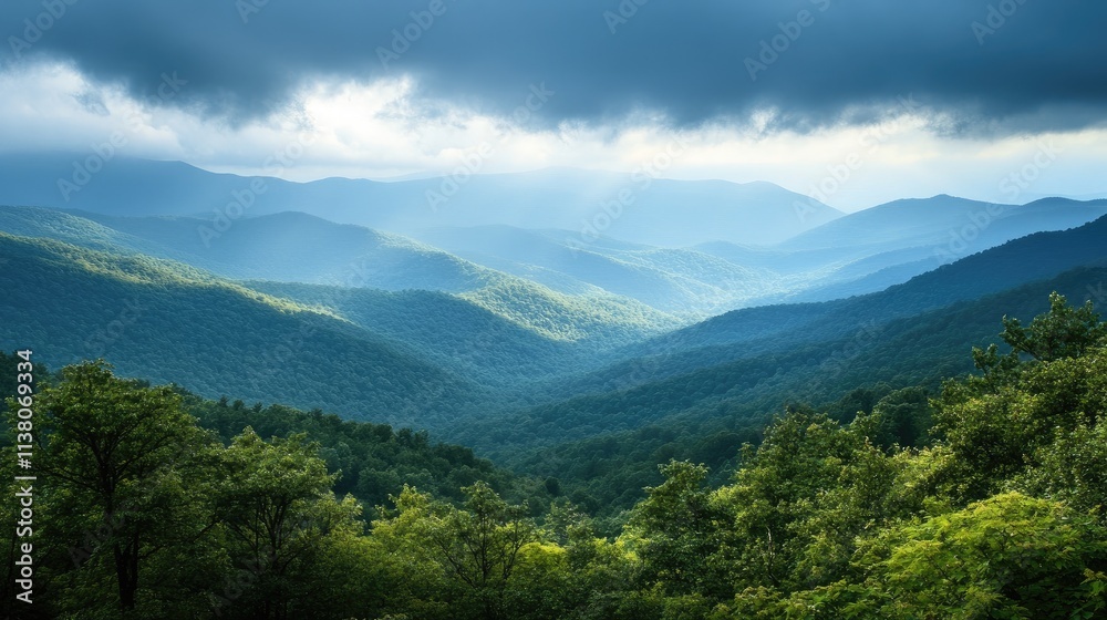 Majestic mountain landscape bathed in soft light after rainfall showcasing lush greenery and atmospheric depth Majestic mountain landscape bathed in soft light after rainfall showcasing lush greenery and atmospheric depth