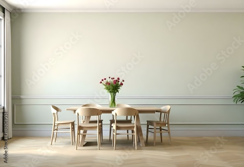 A modern dining room with a wooden table and chairs , a vase of flowers in the center, and a minimalist white wall background
