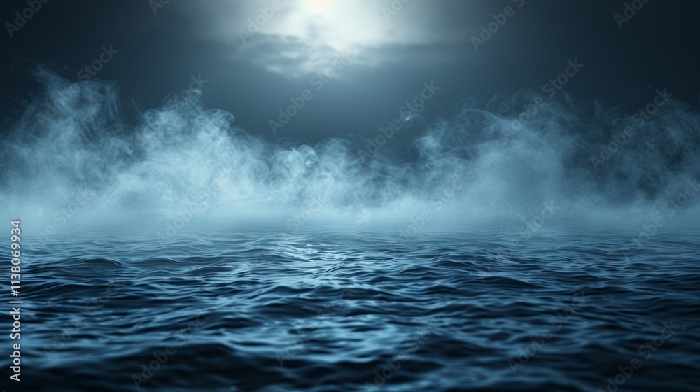 Fog rolls over dark ocean under moonlight.