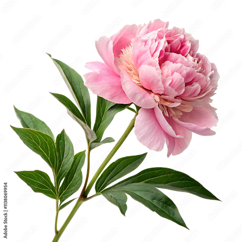 A vibrant pink peony blossom with green leaves isolated on a white background.AI GENERATED A vibrant pink peony blossom with green leaves isolated on a white background.AI GENERATED