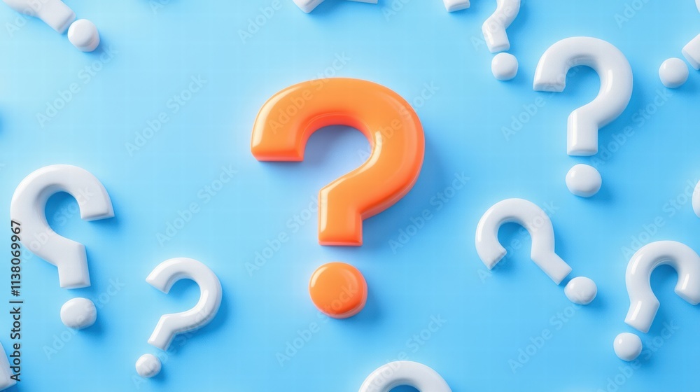 Bright orange question mark surrounded by white symbols on a blue background, representing inquiry and curiosity. Bright orange question mark surrounded by white symbols on a blue background, representing inquiry and curiosity.