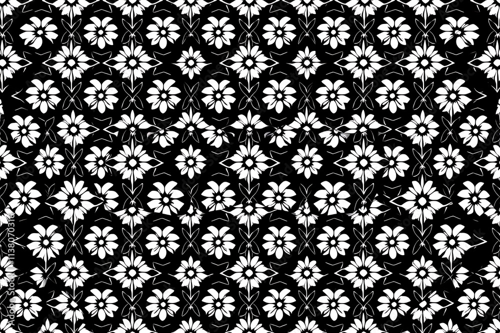 Monochromatic Floral Pattern: Elegant black and white floral design, seamless repeat pattern, perfect for textile, wallpaper, or background. Monochromatic Floral Pattern: Elegant black and white floral design, seamless repeat pattern, perfect for textile, wallpaper, or background.