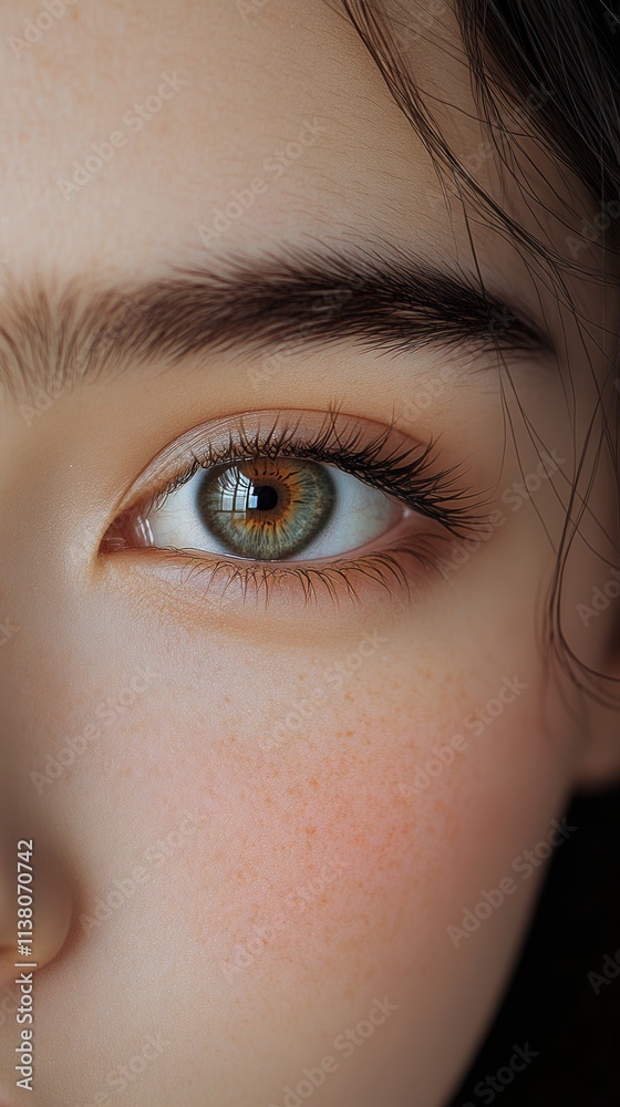 Obraz premium Close-up view of a captivating green and brown eye, showcasing intricate details and natural beauty under gentle lighting