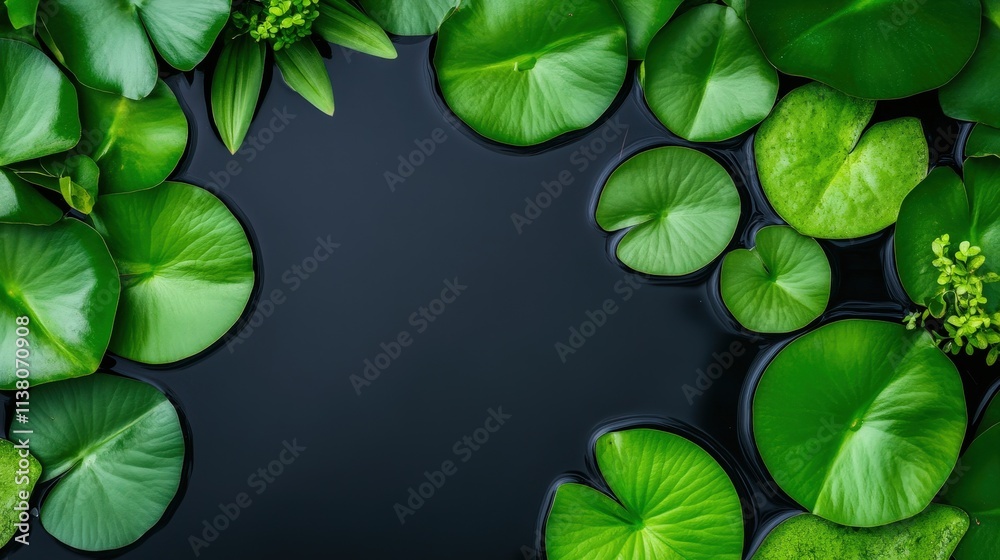 Lush Green Lily Pads Floating on Calm Dark Water Surface