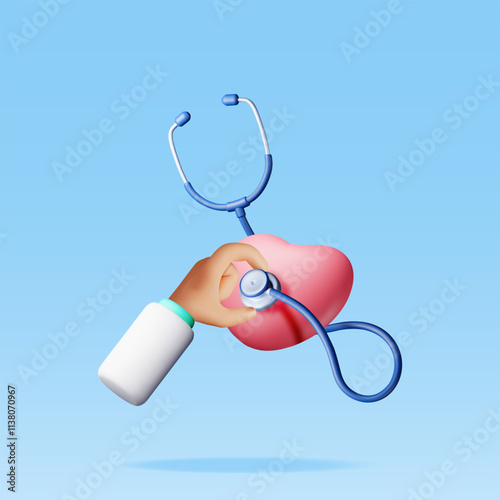 3D medical stethoscope in hand and heart. Render stethoscope doctor instrument icon. Medicine and healthcare, cardiology, pharmacy, drugstore, medical education. Vector illustration