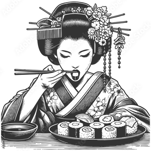 geisha in ornate hair accessories eating sushi with chopsticks, elegance and Japanese culture sketch engraving generative ai vector illustration. Scratch board imitation. Black and white image.