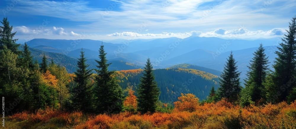 Majestic mountain landscape with vibrant autumn foliage and clear blue skies under soft clouds Majestic mountain landscape with vibrant autumn foliage and clear blue skies under soft clouds