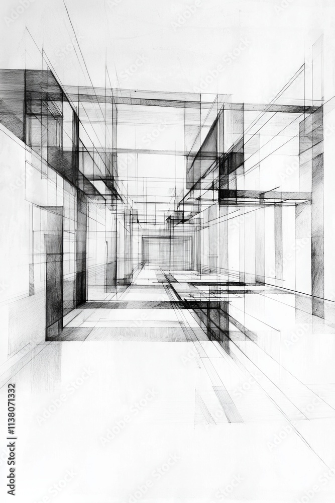 Fototapeta premium Abstract architectural sketch of an interior space, on a white background, with lines and blocks.