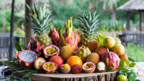 Assortment of colorful ripe tropical fruits. Top view