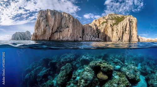 Stunning underwater split view showcasing rocky seascape beneath crystal clear waters with vibrant blue sky above