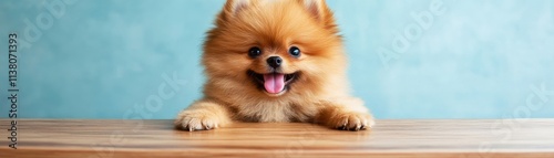 A cheerful Pomeranian dog with a fluffy coat and bright expression on a wooden table.