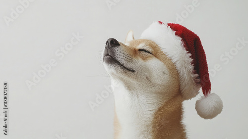 siba inu in santa hat white background photo