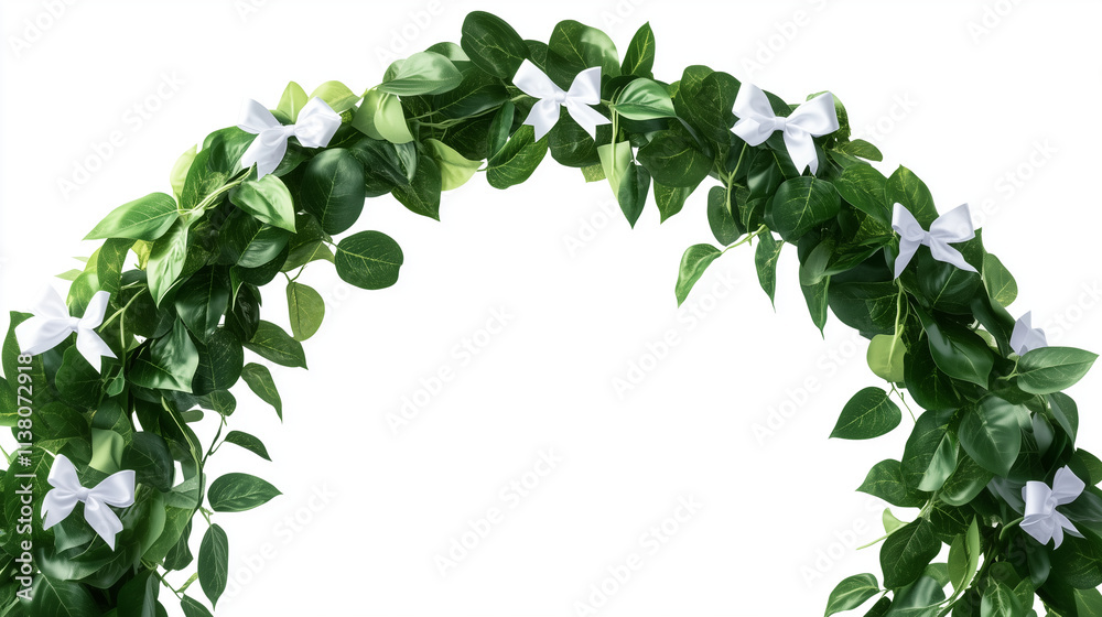 Fototapeta premium Green leaf archway with white bows isolated on white background
