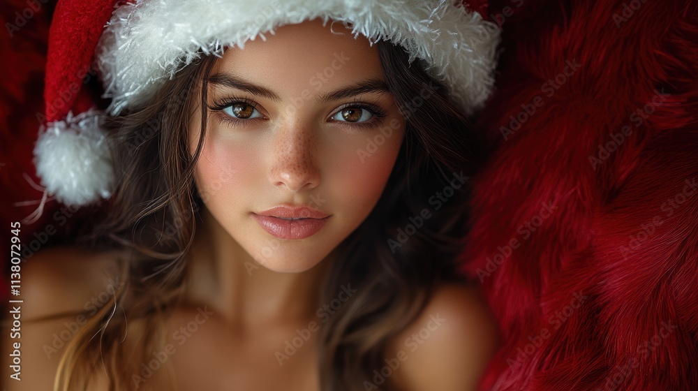 Gorgeous Woman in Santa Hat with Festive Glow Gorgeous Woman in Santa Hat with Festive Glow
