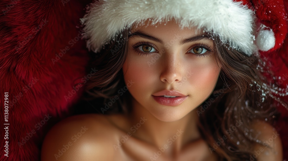 Christmas Beauty in Santa Hat with Festive Glow Christmas Beauty in Santa Hat with Festive Glow