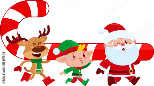 Cute Santa Claus, Elf, and Reindeer Carrying a Giant Candy Cane for Christmas Celebration Cartoon Characters