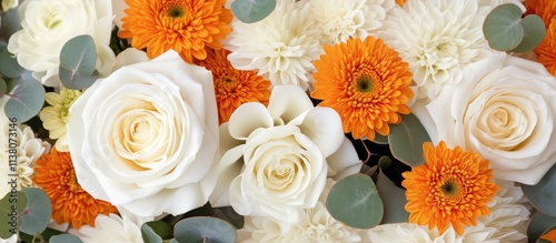Autumn bridal bouquet with orange chrysanthemums white roses and green eucalyptus leaves stylish floral arrangement for weddings