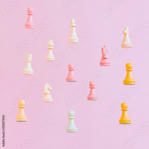 Surreal Floating Chess Pieces in Pastel Tones photo