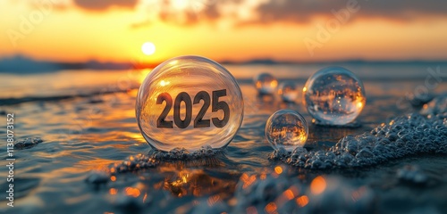 2025 in delicate glass filaments against a sunset-colored canvas.